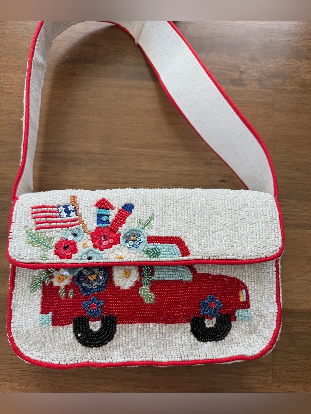 Beaded Red Truck Crossbody Bag with Floral & Flag Detail